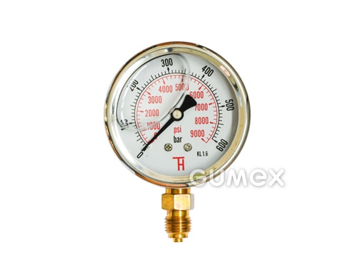Glyzerin-Manometer mit Bodenauslass, 63mm, Außengewinde G 1/4", 0-600bar, -40°C/+60°C, 
